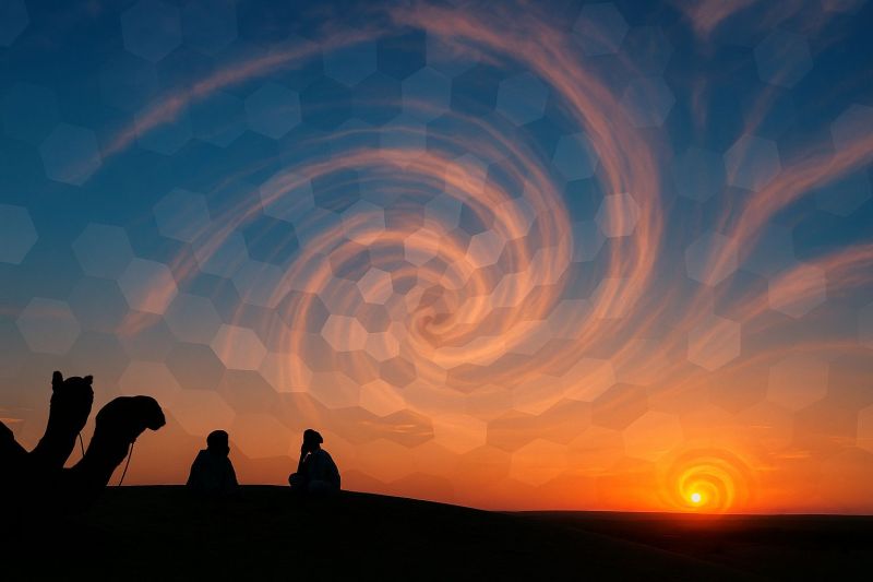 Desert sunset camel people sky nature travel adventure exploration horizon pattern geometry hexagon reflection mood sunset scene in a desert landscape. Two people are sitting on the ground, silhouetted against the setting sun. One person is sitting with their legs crossed, while the other is sitting upright. Nearby, a camel is standing, also in silhouette. The sky is filled with a vibrant mix of orange, pink, and blue hues, creating a dramatic . The sun is partially obscured by a swirling cloud pattern, adding a mystical element to the scene. The overall atmosphere is serene and picturesque, capturing the beauty of a desert sunset.