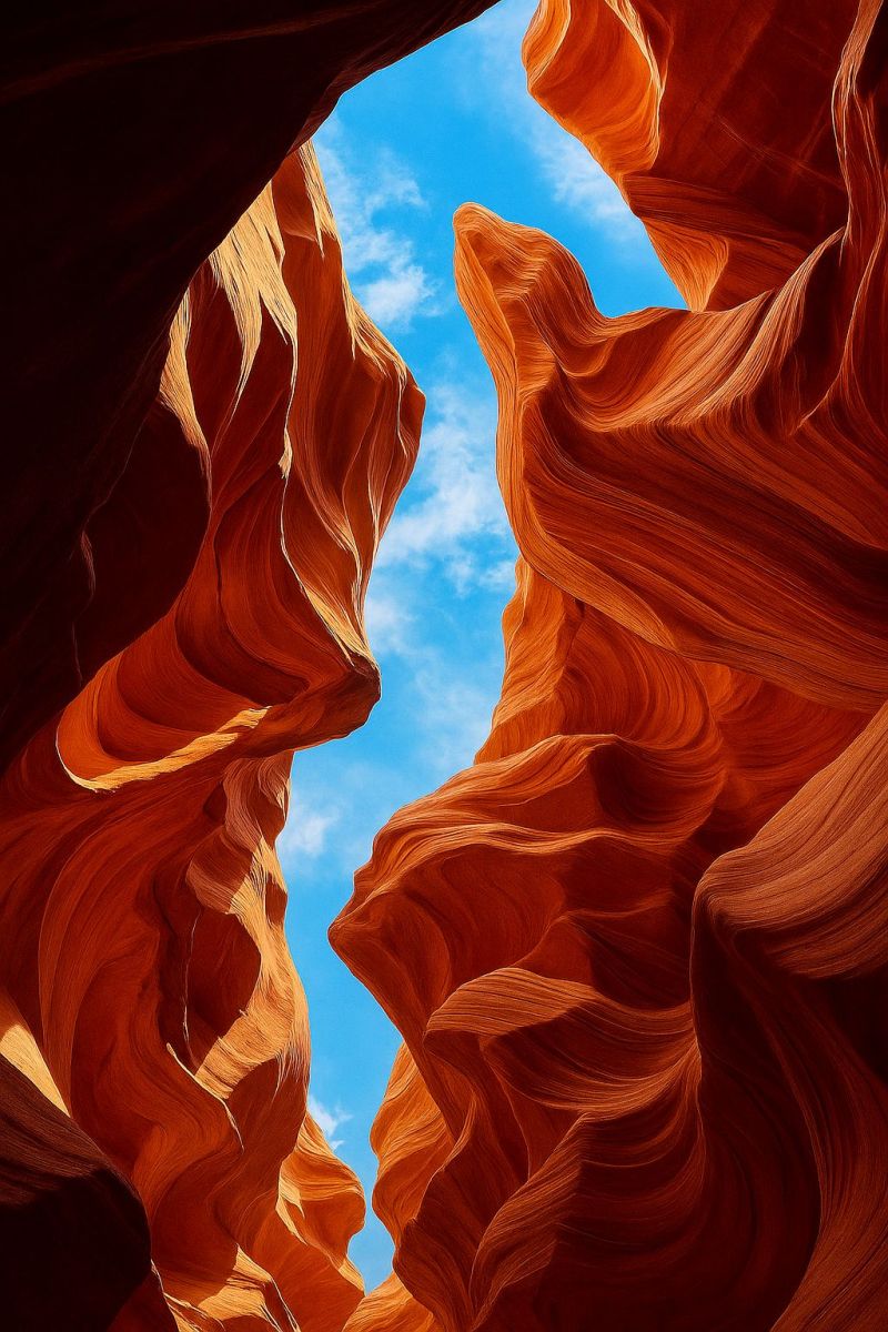 Canyon sky blue clouds sunlight sunny outdoors nature geology erosion sandstone colorful texture pattern waves angle rock formation arrow canyon with steep, wavy walls made of orange and red sandstone. The canyon walls are intricately layered, with some parts appearing smoother and others more rugged. The sky above is a vibrant blue, with a few scattered clouds. The sunlight filters through the canyon, casting a warm glow on the rock surfaces. The overall scene is dramatic and visually striking, with the contrast between the orange rocks and the blue sky creating a captivating effect.