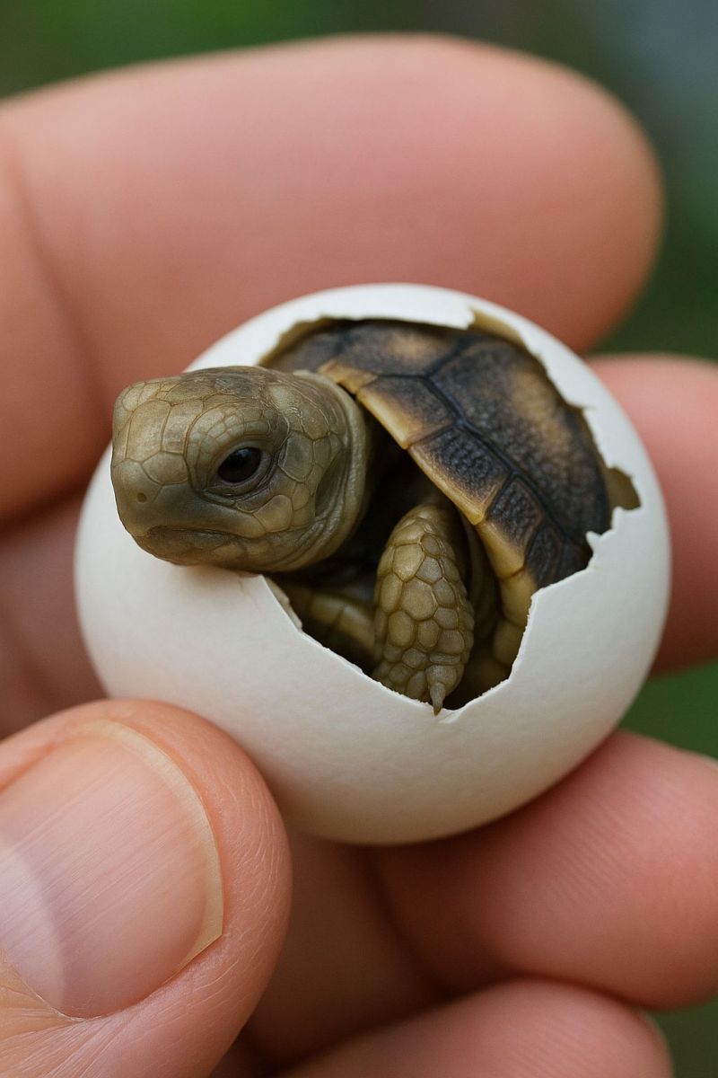 Turtle hatchling egg hatching reptile wildlife nature animal process A small turtle is emerging from its egg, held in a person's hand. The turtle's head and part of its body are visible through a crack in the eggshell. The turtle has a textured, greenish-brown shell and a small, pointed snout. The egg is white with a slightly rough texture. The person's fingers are wrapped around the egg, and the background is slightly blurred.