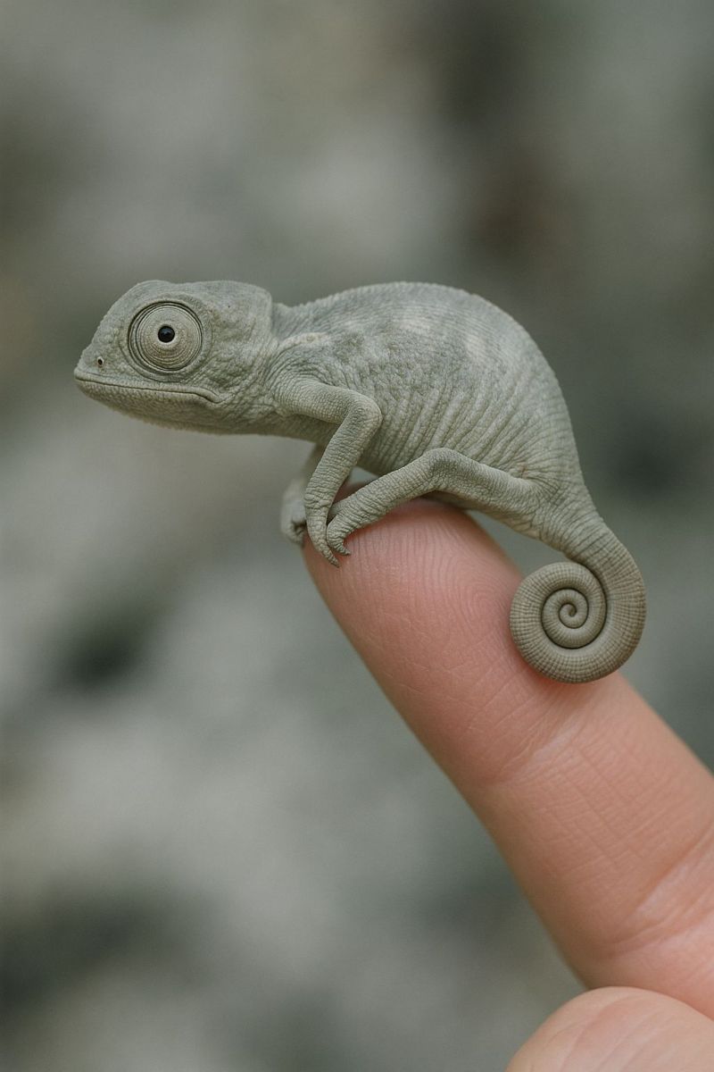 Animal reptile chameleon wildlife nature pet finger hand outdoors sanctuary behavior study observation interaction care conservation welfare A small chameleon with a light gray body is perched on a human finger. The chameleon has a round, large eye with a black pupil, and its body is covered in small, textured scales. Its tail is curled up, and its limbs are positioned in a relaxed manner. The background is blurry, suggesting a natural outdoor setting.