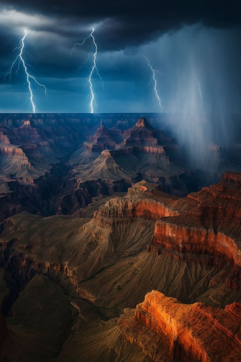 Aerial nature storm thunderstorm lightning clouds mountains valley wilderness outdoors geology weather travel adventure exploration grand canyon rock The image captures a dramatic aerial view of the Grand Canyon during a thunderstorm. Dark, heavy clouds dominate the sky, with two prominent lightning bolts striking the ground. The canyon's rugged, layered rock formations are illuminated by the flashes, revealing deep reds, oranges, and browns. The landscape is vast and dramatic, with steep cliffs and narrow canyons. The storm adds a sense of intensity and power to the scene.