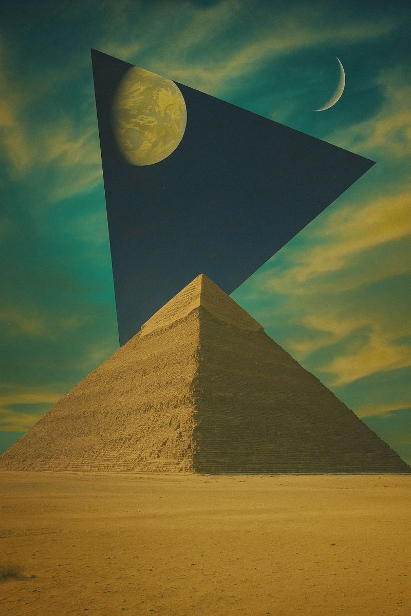Pyramid desert sky moon planet triangle space ancient architecture history culture travel exploration astronomy geometry shadow imagination creativity An artistic image features a pyramid in the foreground, with a large triangular shape overlaying it. The pyramid is made of stone and has a flat top. The triangular shape is dark blue and has a yellow circle, resembling a planet, on the left side and a crescent moon on the right side. The sky is a mix of green and yellow hues, with clouds scattered throughout. The desert landscape is vast and empty, with the pyramid standing alone in the center.