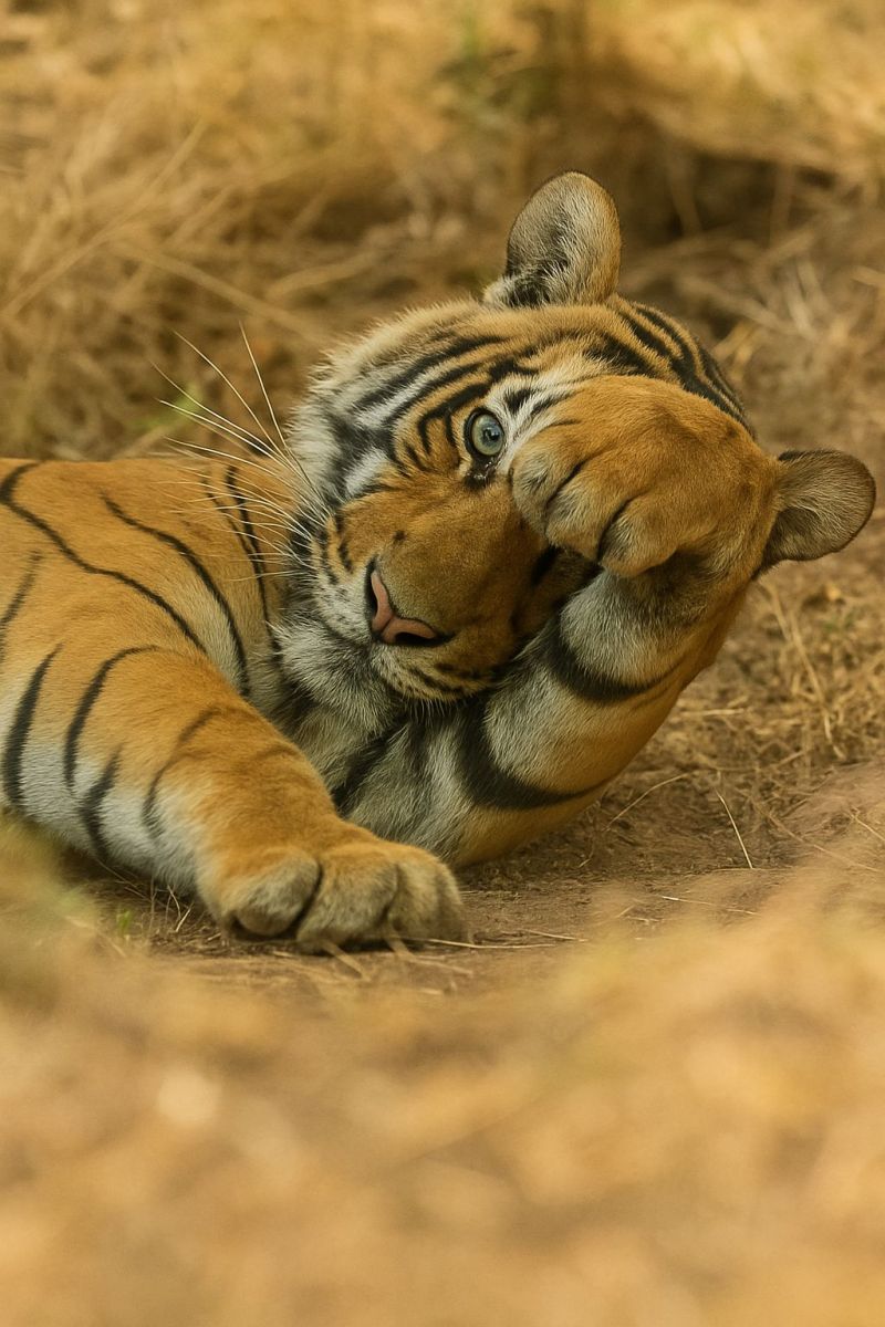 Tiger wildlife nature animal mammal feline wild jungle safari conservation predator stripes paw eye fur ground habitat big cat endangered species A tiger is lying on the ground with its head resting on its paw. The tiger has a white patch on its chest and a black stripe on its forehead. Its eyes are closed, and it seems to be sleeping. The tiger's fur is a mix of black and orange stripes. The ground is covered with dry grass and small plants.
