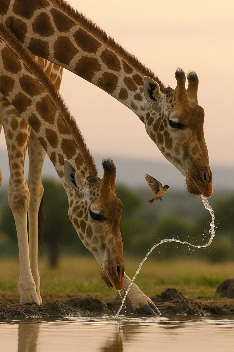 Giraffe water wildlife nature animal bird drinking spray grass outdoors sunlight safari conservation sanctuary reserve habitat observation Two giraffes are drinking water from a pond. The giraffe on the left is drinking water with its mouth open, while the giraffe on the right is drinking water with its mouth closed. The giraffe on the right has a bird perched on its head. The water is splashing out of the giraffe's mouth. The sky is clear and blue.