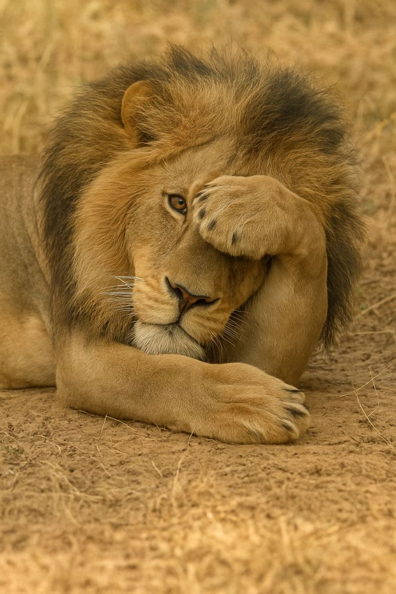 Lion wildlife animal nature safari mammal wild outdoors sunlight grass paw paws pawing ground dirt sand earth soil A lion is lying on the ground with its head resting on its paw. The lion has a thick mane of fur around its neck and face, and its eyes are closed. The lion's paw is covering its face, and its other paw is resting on the ground. The lion's fur is a light brown color, and the ground is covered in dry grass. The lion appears to be resting or sleeping.