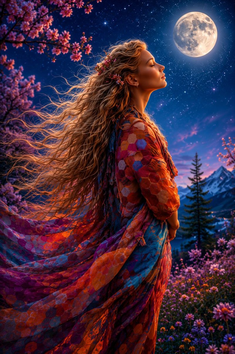 Array Une femme aux longs cheveux blonds ondulés se tient dans un champ de fleurs sous un ciel nocturne. Elle porte une robe colorée à motifs avec une jupe fluide, et ses cheveux sont ornés d'une couronne de fleurs. Elle regarde vers le haut une pleine lune, qui est entourée d'étoiles. L'arrière-plan présente une chaîne de montagnes, des arbres et un ciel passant des teintes bleues aux teintes roses.