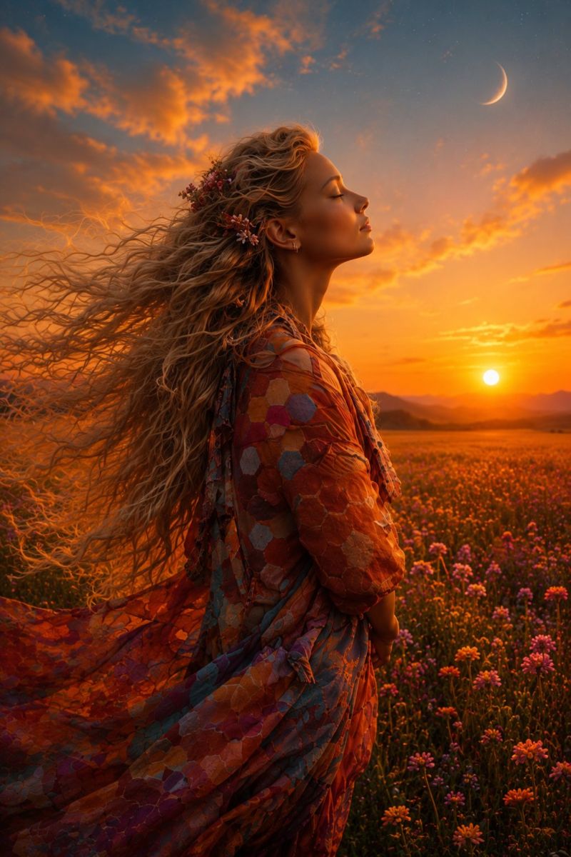 Array Une femme aux longs cheveux blonds ondulés se tient dans un vaste champ de fleurs sous un ciel de coucher de soleil spectaculaire. Elle porte une robe fluide multicolore ornée de motifs floraux, et ses cheveux sont décorés de petites fleurs. Elle regarde vers le haut, les yeux fermés, comme en profonde réflexion ou méditation. Le ciel est un mélange de teintes chaudes orange et roses, avec un croissant de lune et le soleil se couchant au loin. Le champ est rempli d'une variété de fleurs colorées, et l'arrière-plan montre une silhouette de montagnes.