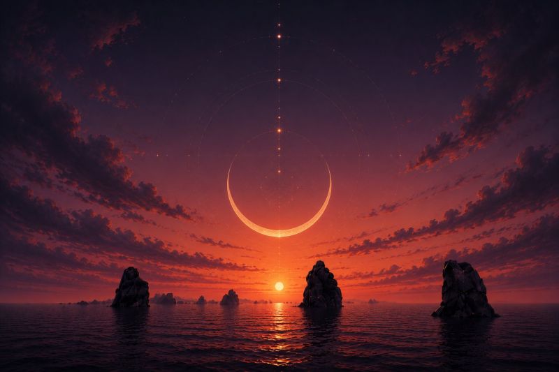 Sunset sky horizon clouds rocks water rock rocky shore serene and dramatic sunset scene over a body of water. The sky is a deep, rich red, with clouds tinged in shades of orange and pink. A large, thin crescent moon is prominently displayed in the sky, surrounded by a series of smaller, circular shapes that resemble planets or stars. These celestial bodies are arranged in a vertical line, adding a mystical element to the scene. The horizon is dotted with several small, rocky islands, their silhouettes contrasting against the vibrant sky. The water is calm, reflecting the colors of the sunset, and the overall atmosphere is one of tranquility and wonder.