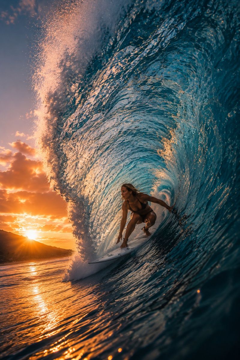 Surfer ocean vague coucher soleil eau mer ciel nuages plage aventure sport liberte nature air voyage vacances vie Une femme surfe sur une planche blanche dans l'océan. Elle est en position accroupie, équilibrée sur la planche alors qu'elle chevauche une vague. La vague est grande et a une courbe distincte, avec de l'eau qui éclabousse autour d'elle. L'océan est d'un bleu profond, et le ciel au-dessus est un mélange de teintes orange et roses, indiquant le coucher du soleil. En arrière-plan, il y a une silhouette d'une montagne ou d'une colline, et le soleil se couche derrière elle, projetant une lueur chaude sur l'eau.