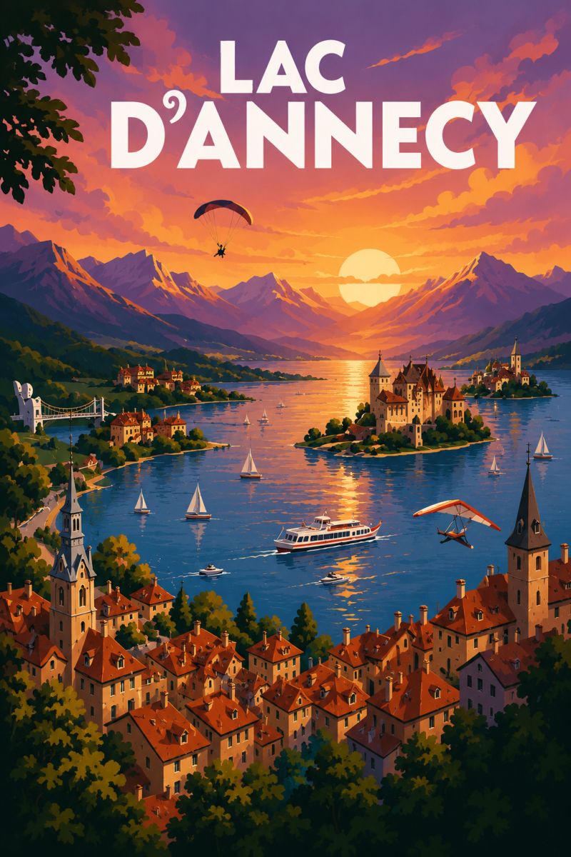 Sunset mountains water sky paragliding boat sailboats castle island trees houses bridge hills clouds reflection painting poster lac annecy picturesque scene of Lac d'Annecy, a lake in the French Alps. The sky is a blend of orange and pink hues, indicating a sunset. In the foreground, there is a town with many buildings, some of which have red roofs. The town is surrounded by trees and greenery. In the middle of the lake, there is a small island with a castle-like structure. Several sailboats are sailing on the lake, and one of them is being pulled by a paraglider. In the distance, there are mountains with a setting sun behind them.