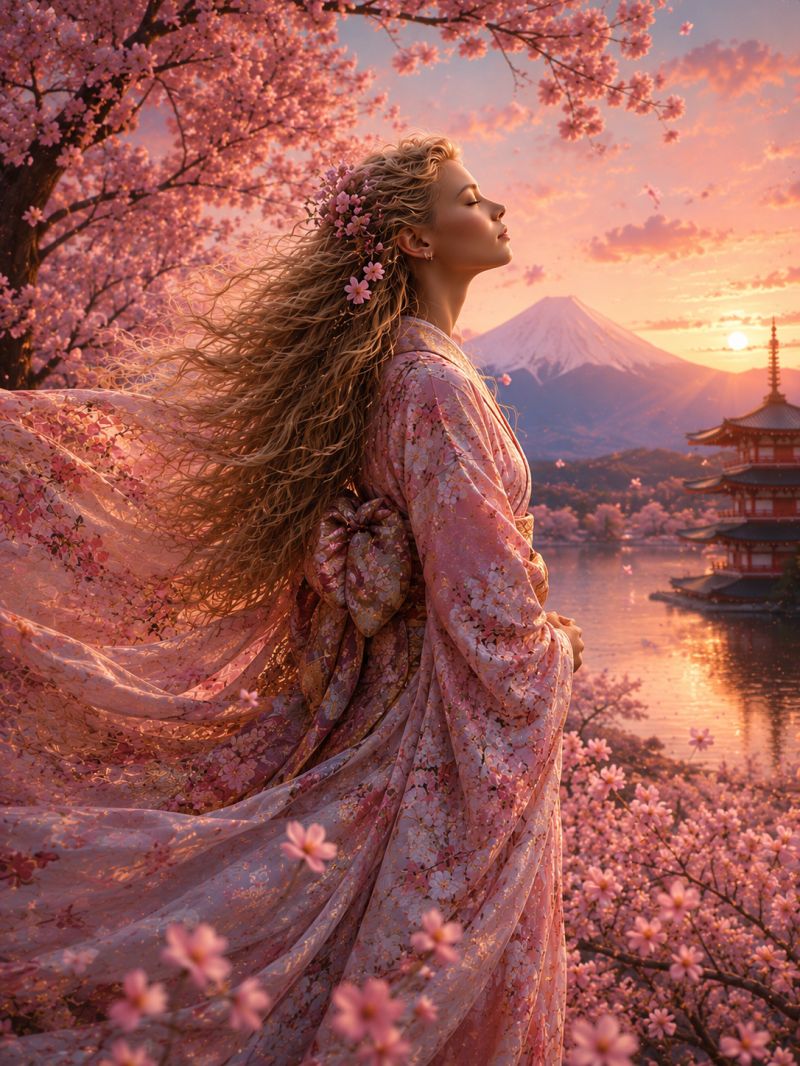 Femme robe floraison montagne temple coucher soleil cerisier rose fleur cheveux ciel lac nature beaute mode culture tradition Une femme aux longs cheveux blonds ondulés se tient dans un champ de cerisiers en fleurs, sa robe flottant dans la brise. Elle porte un kimono floral rose avec une ceinture nouée autour de sa taille. Elle regarde vers le haut, les yeux fermés, comme en profonde réflexion ou en prière. Derrière elle, des cerisiers en fleurs roses s'épanouissent, et le ciel est un doux dégradé de rose et de bleu, suggérant l'aube ou le crépuscule. Au loin, un lac serein reflète le ciel, et une structure semblable à une pagode se dresse sur une petite île. À l'horizon, une majestueuse chaîne de montagnes se détache en silhouette.