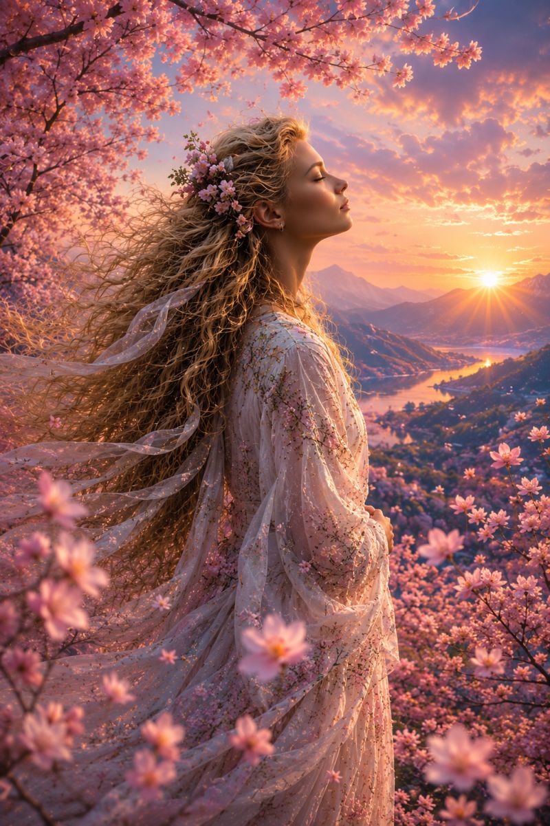 Femme robe bourgeons fleurs cheveux montagnes lac coucher soleil ciel nuages nature beaute fantaisie Une femme aux longs cheveux blonds ondulés se tient dans un champ de cerisiers en fleurs, les yeux fermés et la tête inclinée vers le haut. Elle porte une robe blanche fluide ornée de délicats motifs floraux, et ses cheveux sont décorés de fleurs roses. Le soleil se couche en arrière-plan, projetant une douce lueur sur le paysage, qui comprend des montagnes, une rivière et un ciel rempli de nuages doux, roses et orange.