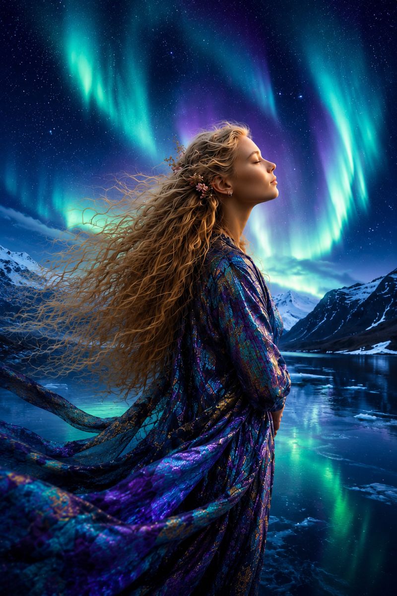 Femme etoiles montagnes lac robe cheveux fleurs reflet eau nature beaute fantaisie magie inspiration reves merveille aurore boreale nuit ciel Une femme aux longs cheveux blonds ondulés se tient dans un paysage serein, nocturne. Elle porte une robe fluide aux multiples couleurs qui scintille de teintes de violet, bleu et or. Ses yeux sont fermés et elle semble regarder vers le ciel. Le ciel est rempli de lumières vibrantes et dansantes de l'aurore boréale, projetant une lueur magique sur la scène. En arrière-plan, il y a des montagnes enneigées et un corps d'eau calme et réfléchissant. L'atmosphère générale est mystique et enchanteresse.