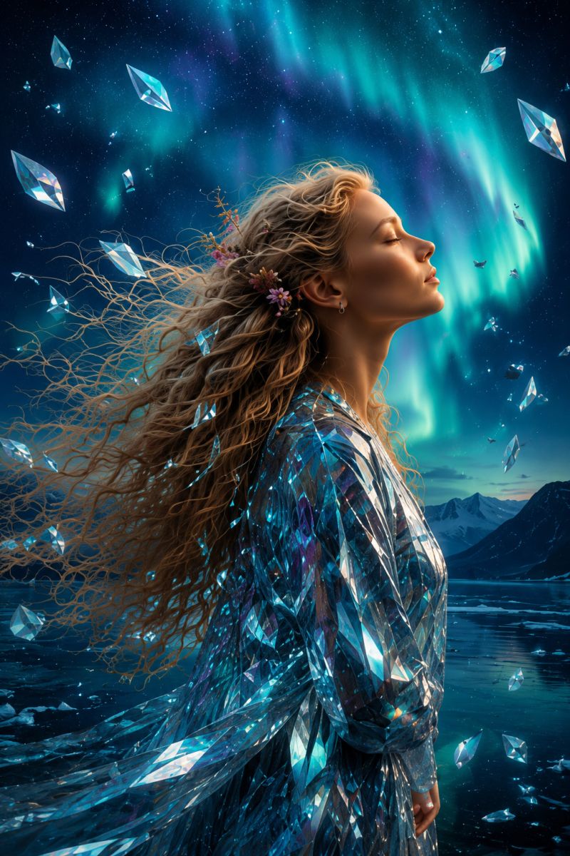 Femme fantaisie cristaux montagnes eau reflet bijoux robe cheveux fleurs etoiles papillons glace ocean onirique aurore boreale nuit ciel Une femme aux longs cheveux blonds ondulés se tient dans un cadre mystique, les yeux fermés et la tête inclinée vers le haut. Elle porte une robe scintillante et irisée qui reflète les couleurs de l'aurore boréale dans le ciel au-dessus d'elle. La robe est ornée de petites formes cristallines qui captent la lumière. Le ciel est rempli de teintes vertes et violettes vibrantes de l'aurore, et de petits objets en forme de diamant flottent autour d'elle. En arrière-plan, il y a des montagnes et une mer sombre bleue sereine.