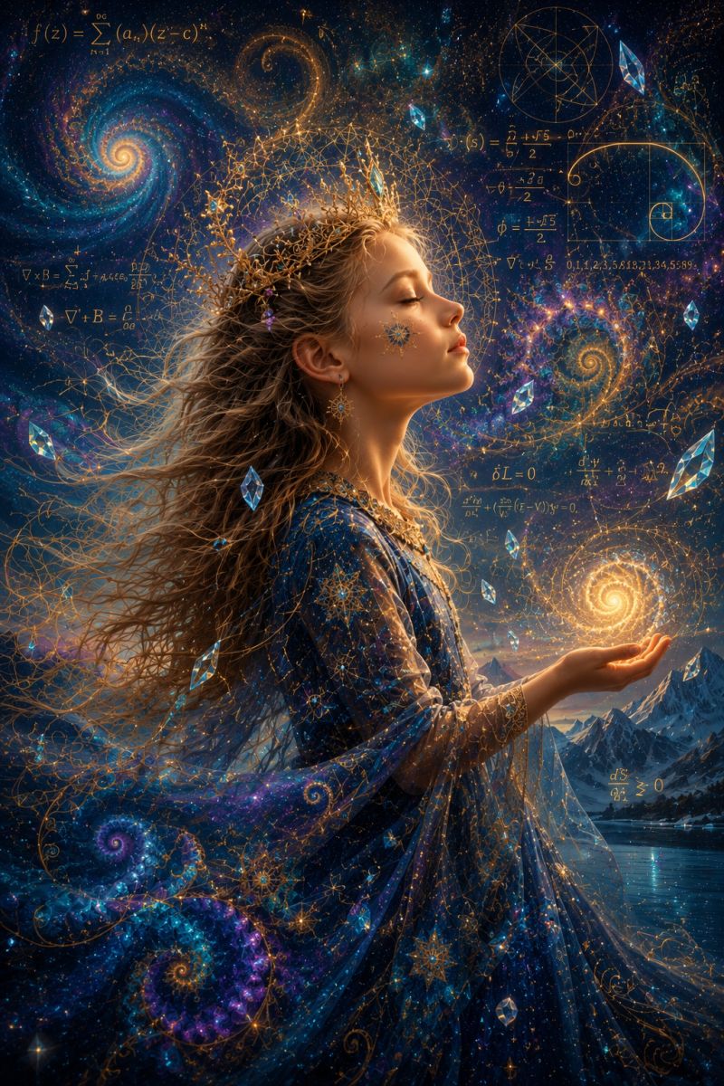 Femme fantaisie fille design Femme aux cheveux longs et flottants, vêtue d'une robe bleue scintillante ornée d'accents dorés et bleus. Elle porte une couronne dorée aux motifs complexes et a une expression sereine, regardant vers le haut. Ses cheveux sont décorés de petits cristaux étincelants. Le fond est un riche tapis de galaxies tourbillonnantes, d'étoiles et de symboles mathématiques, créant une atmosphère mystique et cosmique. La scène se déroule sur fond de montagnes et d'un corps d'eau serein, avec une lumière dorée émanant de ses mains, ajoutant à la qualité éthérée de l'image.