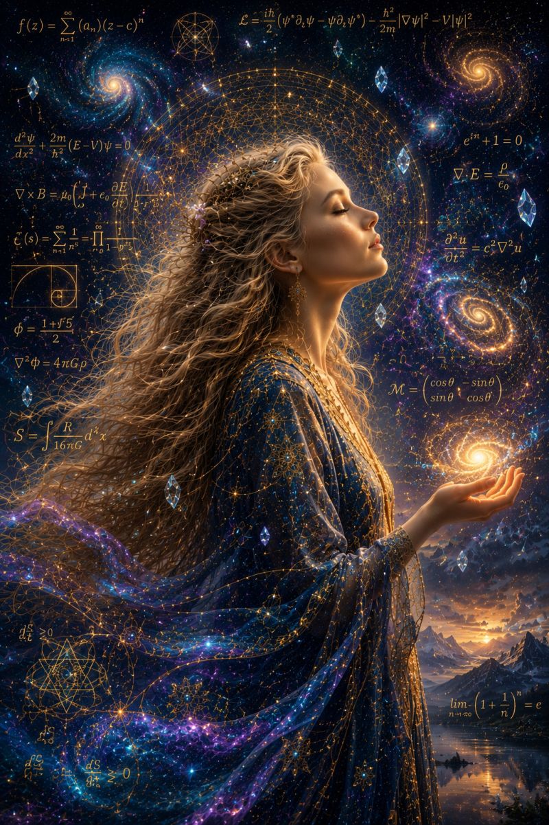 Woman galaxy universe star space mathematics formula equation astronomy cosmology physics science fantasy imagination inspiration inspirational quote a woman with long, flowing hair is depicted in a mystical and ethereal setting. She is dressed in a deep blue gown adorned with golden accents and intricate patterns. Her hair cascades down her back, and she has a serene expression with her eyes closed. She is holding a glowing orb in her right hand, which emits a soft light. The background is a cosmic scene filled with swirling galaxies, stars, and mathematical equations. The sky is a deep purple, and there are hints of golden and blue hues. The overall atmosphere is mystical and otherworldly, with a sense of wonder and exploration.