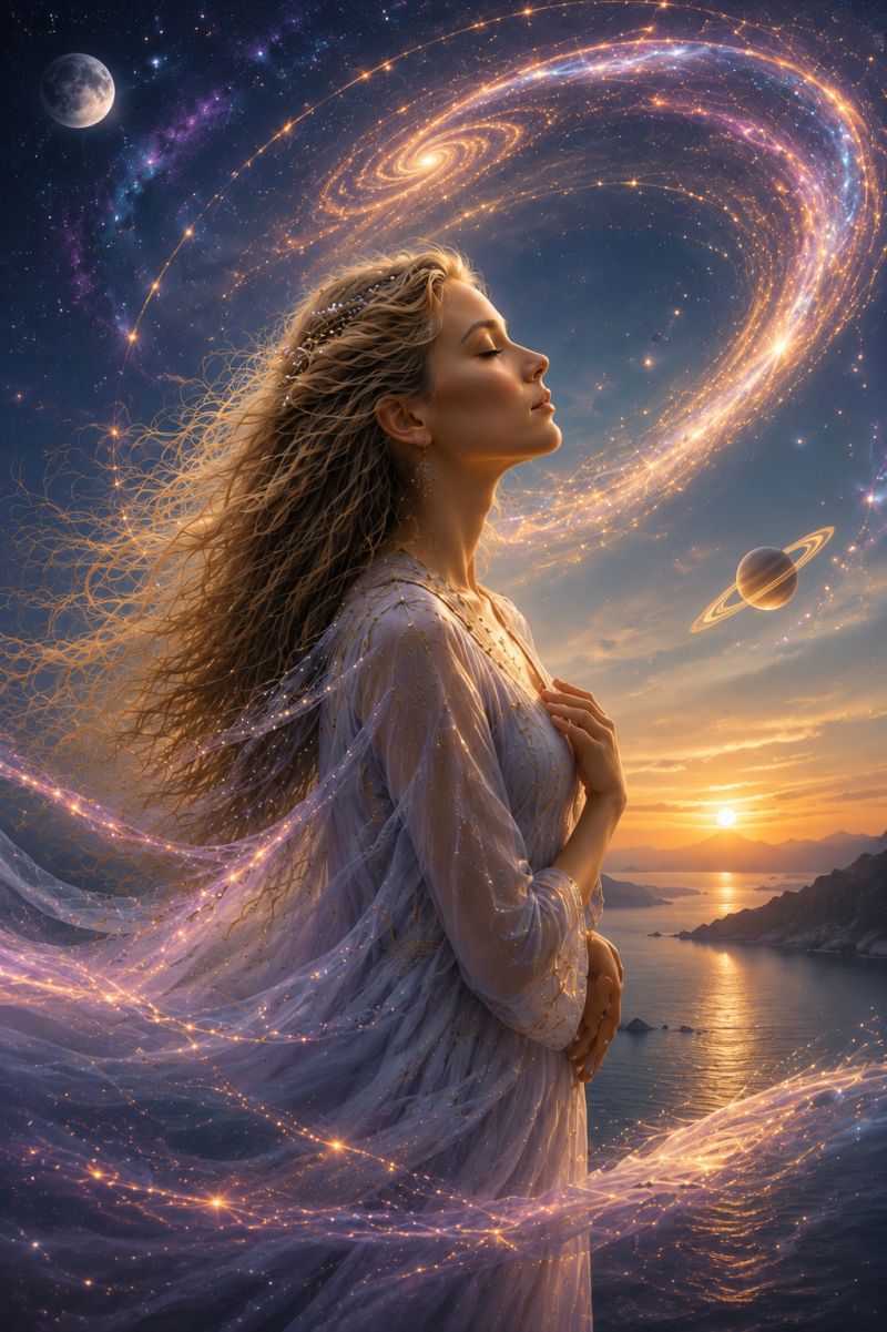 Woman fantasy space universe galaxy star moon planet sun ocean water sunset glow dream imagination inspiration A woman with long, wavy blonde hair stands in a serene, ethereal setting. She wears a flowing, white gown adorned with golden accents and a delicate, sparkling headpiece. Her eyes are closed, and she gazes upward, seemingly lost in thought or meditation. The background is a stunning cosmic scene featuring a large, glowing spiral galaxy with vibrant colors of purple, blue, and gold. Planets, including Saturn with its iconic rings, float gracefully in the sky. The horizon reveals a tranquil ocean with a setting sun casting warm, golden hues across the water and distant mountains.