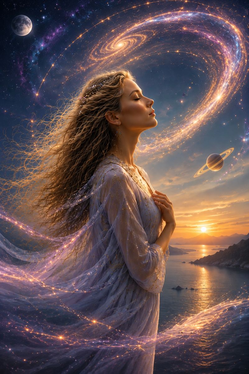 Femme nuit ciel univers galaxie etoiles planetes lune soleil mer montagnes coucher reve fantaisie magie aura cheveux robe bijoux Une femme aux cheveux longs et ondulés se tient sur une plage au coucher du soleil, les yeux fermés et les mains jointes devant elle. Elle porte une robe fluide bleu clair ornée de fils dorés et un délicat collier. Ses cheveux brillent d'une douce lumière éthérée. Derrière elle, le ciel est d'un bleu profond, parsemé d'étoiles et d'un croissant de lune. Une galaxie en spirale et Saturne avec ses anneaux flottent dans le ciel, entourés d'une lumière dorée scintillante. L'océan reflète le coucher du soleil, et au loin, les silhouettes de montagnes et de petites îles sont visibles.