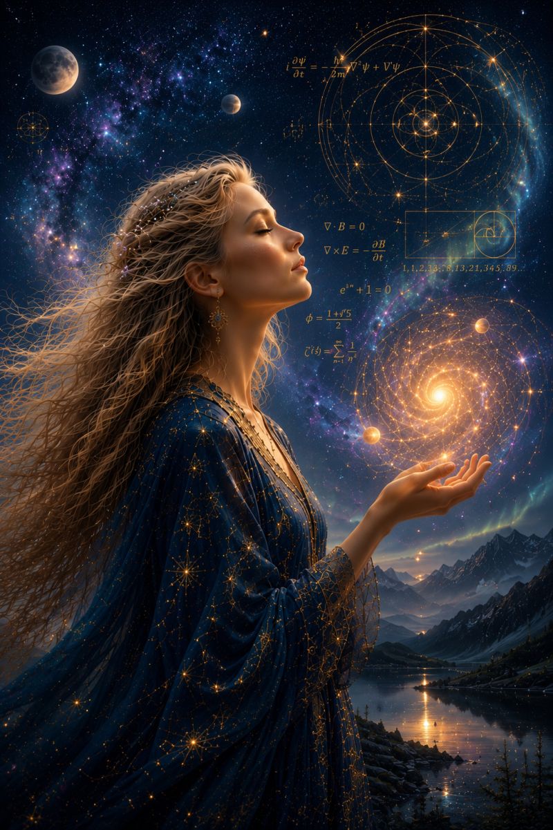 Femme nuit ciel etoiles galaxie univers cosmique astronomie celeste cosmologie astrophysique espace radiation micro onde inflation rayon poussiere hor Une femme aux cheveux longs et fluides se tient dans un cadre serein, nocturne. Elle est vêtue d'une robe bleu profond ornée d'étoiles dorées, et ses cheveux sont décorés de petites lumières scintillantes. Elle regarde vers le haut, les yeux fermés, comme en profonde réflexion ou méditation. Ses mains sont ouvertes, les paumes tournées vers le haut, et elle semble tendre les bras vers le ciel. Derrière elle, le ciel nocturne est rempli d'étoiles, de planètes et d'une grande galaxie lumineuse. La galaxie est entourée d'un motif circulaire d'étoiles et d'équations mathématiques, ajoutant un élément mystique et scientifique à la scène. En arrière-plan, il y a un lac tranquille reflétant le ciel nocturne, et des montagnes lointaines sont faiblement visibles.