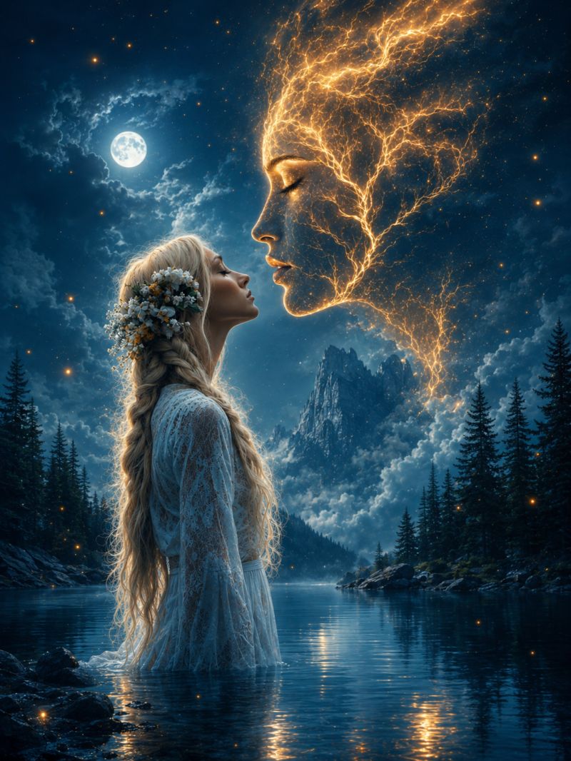 Femme fantaisie eclair electricite feu eau lac montagne nuit lune Une femme aux longs cheveux blonds ondulés se tient dans un lac serein sous un ciel nocturne. Elle porte une robe blanche et a des fleurs tressées dans ses cheveux. Elle lève les yeux vers un visage lumineux qui semble fait de lumière, avec un motif doré semblable à de la foudre qui en émane. Le visage est positionné au-dessus d'elle, comme si elle le regardait. Le ciel est rempli d'étoiles et d'une pleine lune, et en arrière-plan, il y a des montagnes et des arbres. L'eau reflète la lumière de la lune et du visage lumineux, créant une atmosphère magique et mystique.
