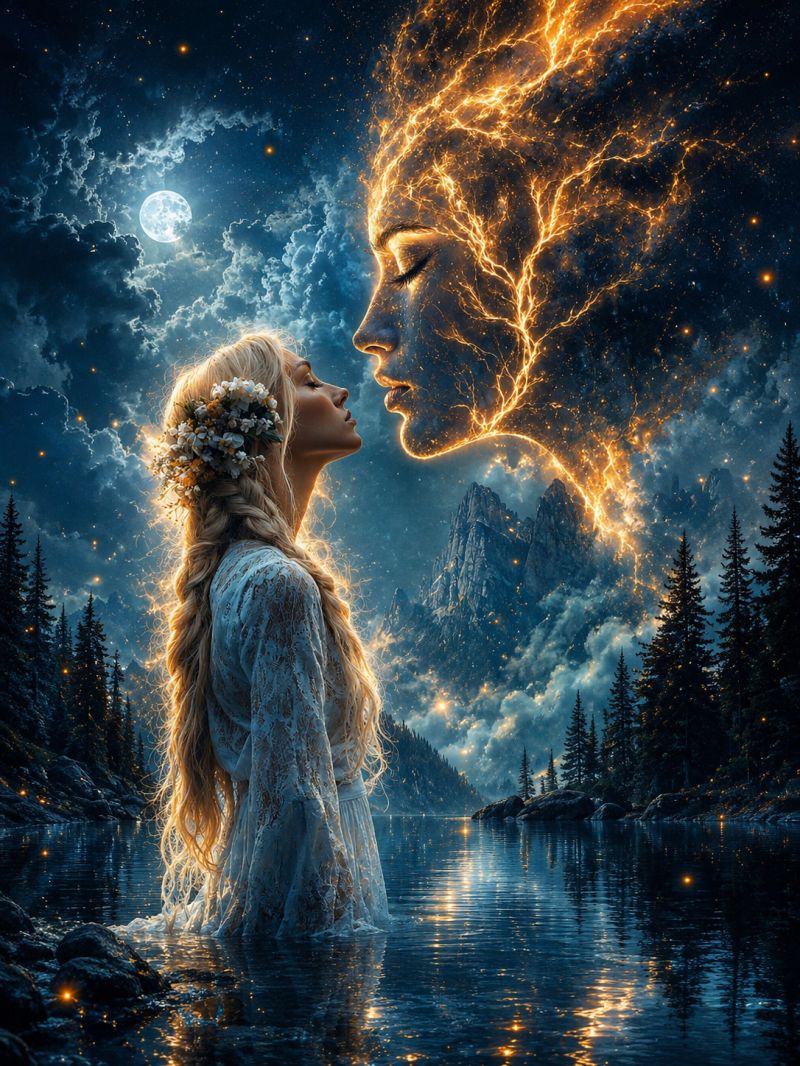 Femme fantaisie feu eau montagne nuit ciel nuages lune arbres foret lac reflet beaute imagination inspiration Une femme aux longs cheveux blonds se tient dans un lac serein, ses cheveux ornés de fleurs blanches. Elle lève les yeux vers une figure lumineuse d'une femme au visage semblable à un arbre, ses cheveux flottant comme des branches. Le visage de la figure est illuminé par une lumière chaude et dorée, et ses yeux sont fermés. L'arrière-plan présente un ciel nocturne avec une pleine lune, entourée de nuages et d'étoiles. La scène se déroule sur fond de montagnes et d'arbres, l'eau reflétant la lumière de la figure lumineuse.
