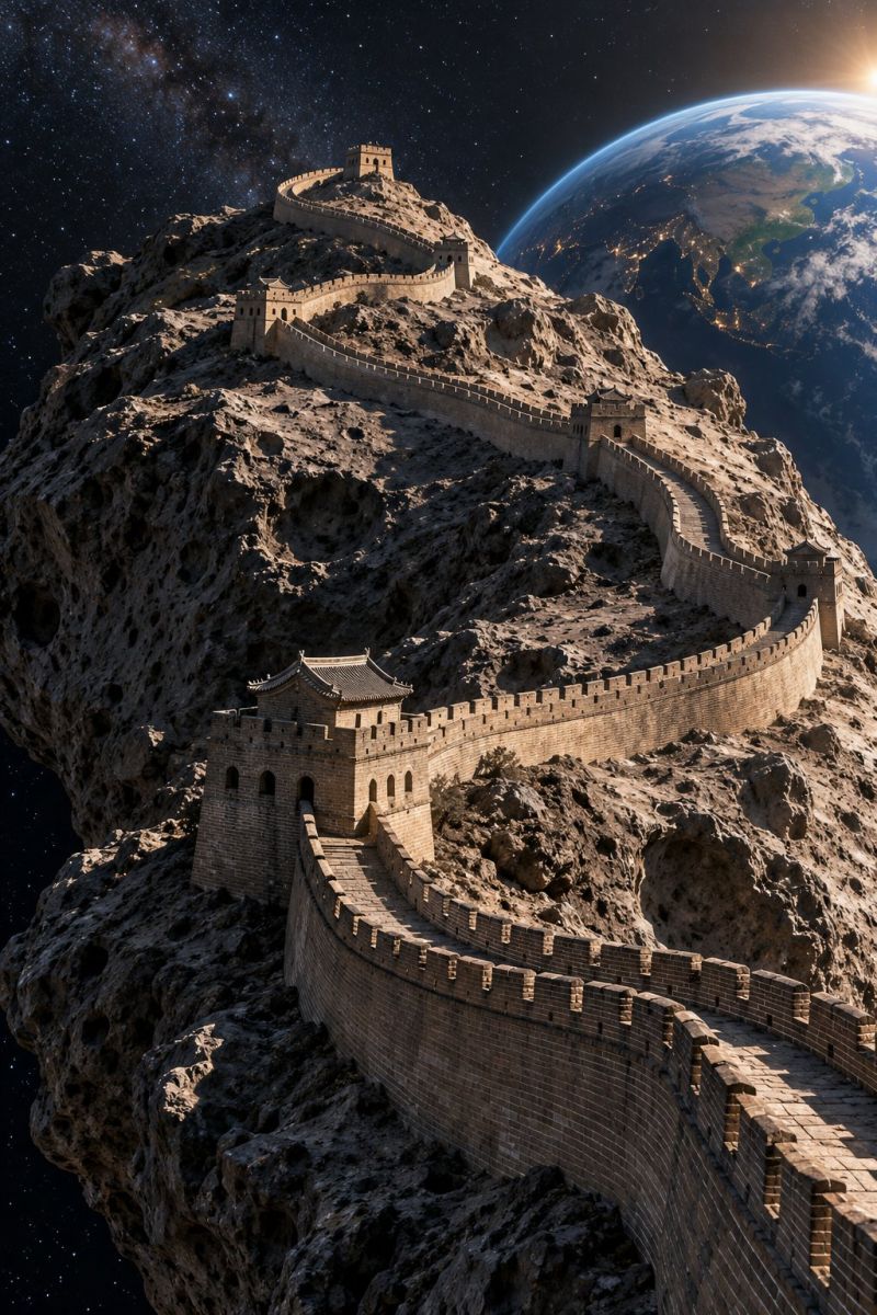 Earth great wall china ancient architecture brick chinese history cultural heritage defensive structure space observation science surface atmosphere surreal scene where the Great Wall of China is depicted as floating in space. The wall is constructed from bricks and has a series of watchtowers along its length. The wall curves around a large rocky outcrop, giving the impression that it is floating above the Earth. In the background, the Earth is visible, showing a mix of land and water with city lights illuminating the continents. The sky is filled with stars and a bright light, possibly the sun, creating a dramatic contrast against the dark space.