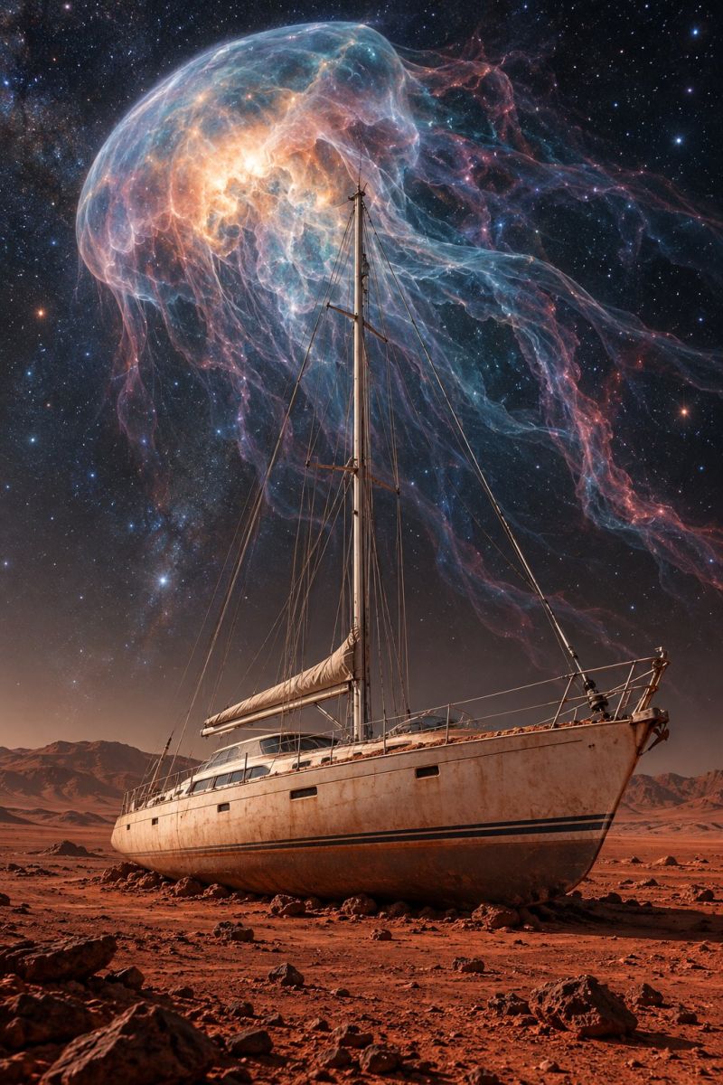 Boat desert sky space night star cloud rock sea water ship rocks mountain seascape clouds An old, weathered sailboat is stranded on a desert landscape. The boat is tilted to one side, with its mast and rigging still intact. The boat's hull is covered in rust and dirt, and it appears to have been abandoned for a long time. The desert is rocky and barren, with no signs of life. In the background, there is a large, glowing jellyfish-like creature floating in the sky. The creature is a mix of blue, pink, and orange colors, and it appears to be made of a translucent material. The sky is dark, with stars visible in the distance.