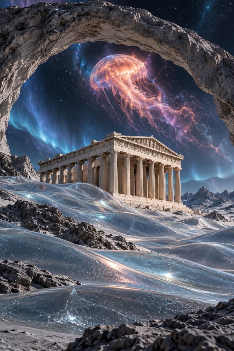 Architecture astronomie batiment classique sculpture temple Un ancien temple grec, le Parthénon, dans un décor surréaliste et surnaturel. Le temple est représenté avec ses colonnes classiques et son fronton, debout majestueusement dans un paysage enneigé. Au-dessus du temple, une méduse vibrante et lumineuse flotte dans le ciel, entourée d'une nébuleuse colorée aux teintes violettes, bleues et oranges. Le ciel est rempli d'étoiles et il y a des traces d'aurores boréales au loin. Le premier plan est recouvert de neige, avec une grande structure ondulée transparente qui reflète les éléments célestes au-dessus. La scène d'ensemble combine des éléments de l'architecture classique avec des images fantastiques et cosmiques.