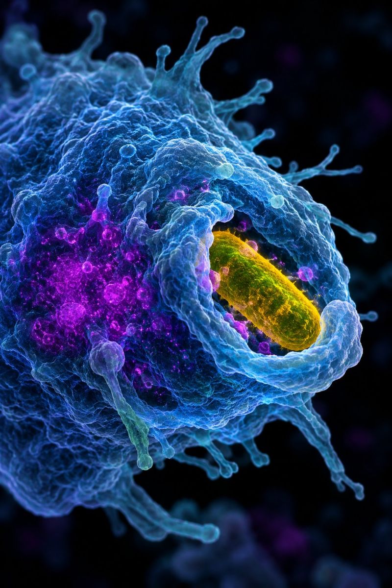 Cellule microbiologie bacterie infection pathogene microorganisme maladie virologie microscopique biologie medecine science sante recherche laboratoir vue agrandie d'une cellule, probablement un macrophage, contenant une bactérie. Le macrophage est représenté dans des tons de bleu et de violet, avec une surface texturée et de nombreuses protubérances. La bactérie, colorée en jaune et vert, est située dans le macrophage, entourée d'une zone violette. Le fond est sombre, mettant l'accent sur la cellule et la bactérie.