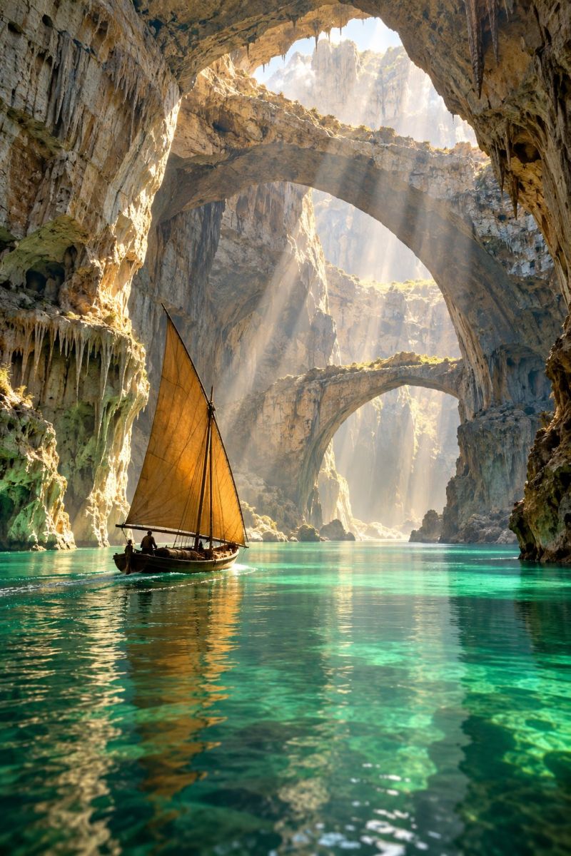 Boat sailing water sunlight cave arch rock cliff sunbeam reflection people adventure exploration nature outdoors travel tourism scenery A sailboat with a large, light-colored sail is sailing through a narrow, rocky channel. The water is a deep green color and reflects the sunlight. The channel is surrounded by large, rocky cliffs with stalactites hanging from the ceiling. The sunlight is shining through the cliffs, creating a beautiful and serene atmosphere.