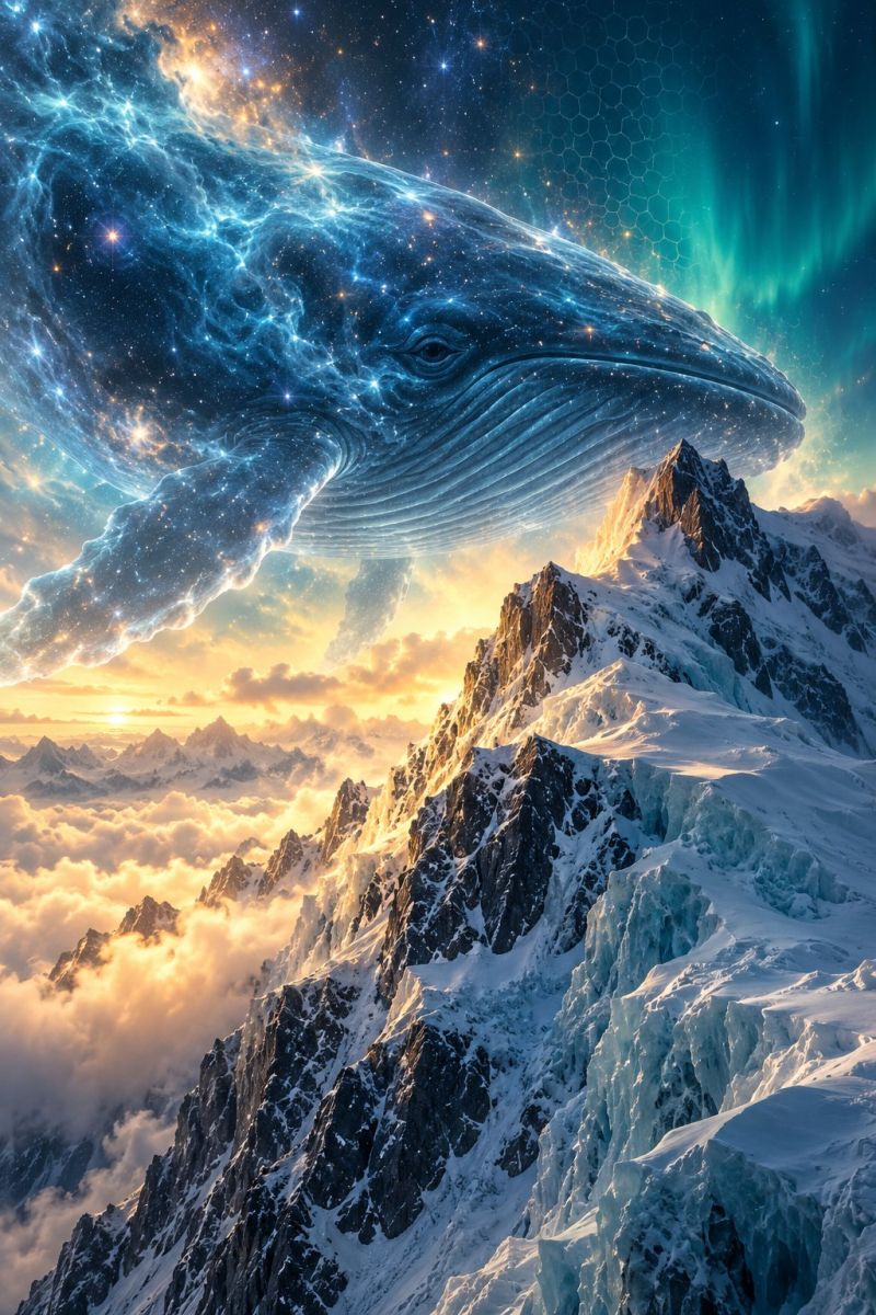 Mountain sky cloud snow ice rock water sun sunlight sunrise sunset aurora space galaxy star universe whale borealis northern A majestic humpback whale is soaring through the sky, its massive body illuminated by the soft glow of the aurora borealis. The whale's body is a deep blue, with intricate patterns of light and shadow that give it a surreal, almost otherworldly appearance. Below the whale, a rugged mountain range is covered in snow, with jagged peaks and deep valleys. The sky is a deep blue, with stars and galaxies scattered throughout, creating a sense of vastness and wonder. The scene is both awe-inspiring and peaceful, with a sense of tranquility and beauty that is hard to put into words.
