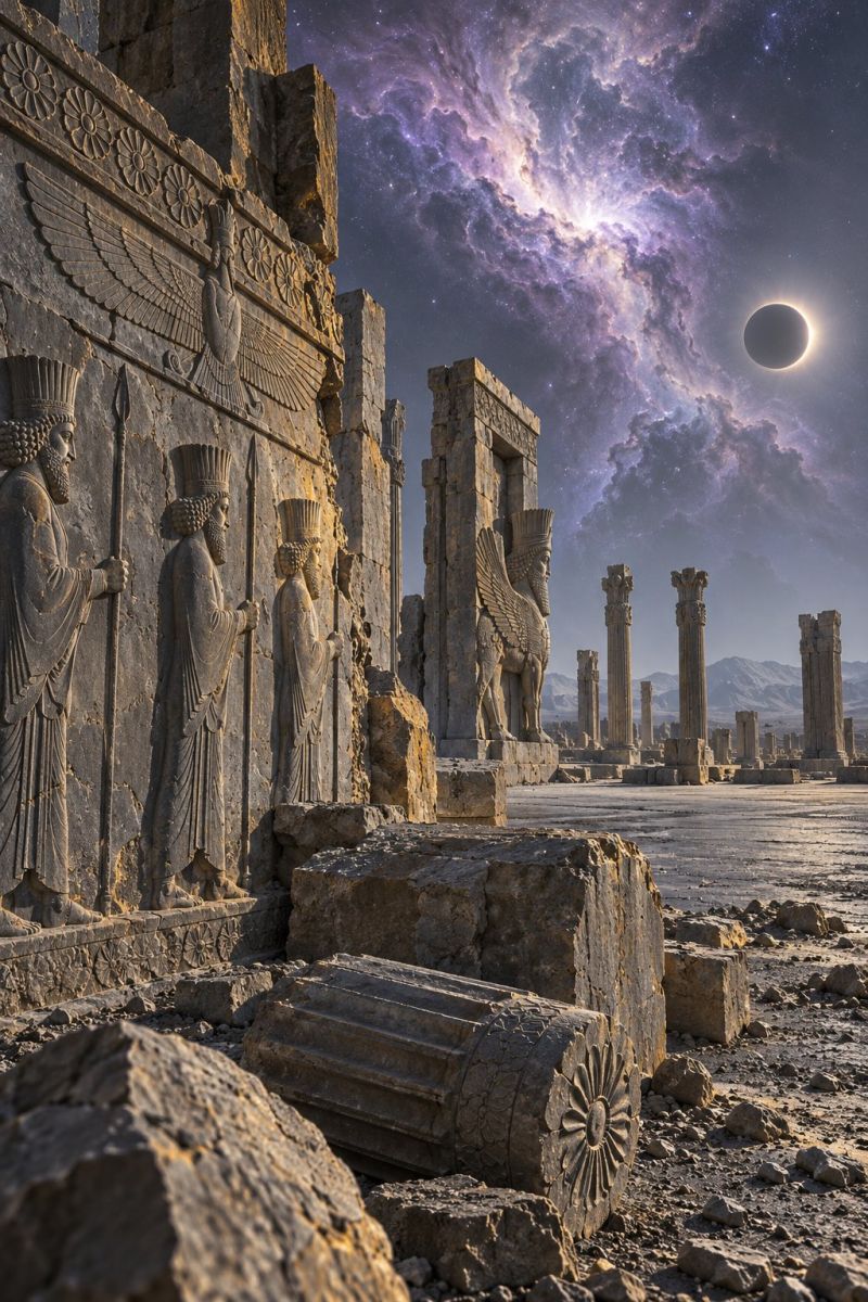 Ancient architecture carving classical column culture desert deserted dust eclipse empire history imperial monument night outdoors ruin ncient stone structures with intricate carvings, set against a back of a night sky filled with stars and a partial solar eclipse. The foreground shows a large, fallen stone column with a decorative flower pattern. To the left, there are three stone figures carved into the wall, each wearing a crown and holding a spear. The sky is a deep blue with a galaxy visible, adding a sense of vastness and timelessness to the scene.