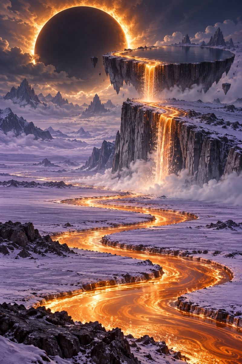 Lava waterfall mountain river snow rock cliff sky cloud sun sunlight sunrise sunset horizon fog steam fire heat volcano ice In the foreground, a winding river of molten lava flows through a snowy landscape, casting a warm, orange glow. The river snakes through the snow, creating a striking contrast between the fiery lava and the icy surroundings. Above the river, a floating island with a waterfall cascades into the lava below, creating a dramatic scene. The sky is filled with clouds, and a large, dark planet is visible in the distance, partially eclipsed by the clouds. The overall scene is surreal and otherworldly, with a sense of danger and beauty.