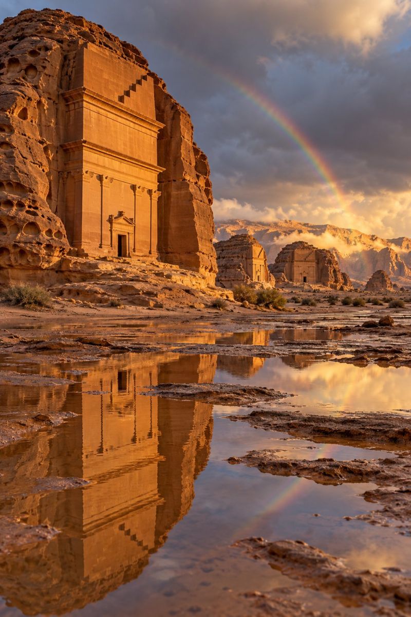 Desert architecture batiment reflexion eau arc ciel nuages montagnes coucher soleil air nature voyages aventure exploration histoire culture roche une grande structure ancienne en grès occupe une place prépondérante dans le paysage désertique. La structure comprend une entrée majestueuse avec un fronton triangulaire et des colonnes, reflétant le style architectural des Nabatéens. La façade du bâtiment est ornée de sculptures et de motifs complexes, mettant en valeur le savoir-faire de l'époque. La structure est située sur un éperon rocheux entouré par le désert. Au premier plan, un plan d'eau reflète la structure et le paysage environnant, y compris un arc-en-ciel qui se cambre dans le ciel. Le ciel est partiellement nuageux, le soleil projetant une lueur chaude sur la scène, mettant en valeur les teintes dorées du grès. Au loin, d'autres formations rocheuses et montagnes sont visibles, ce qui ajoute à la qualité majestueuse et intemporelle de l'image.