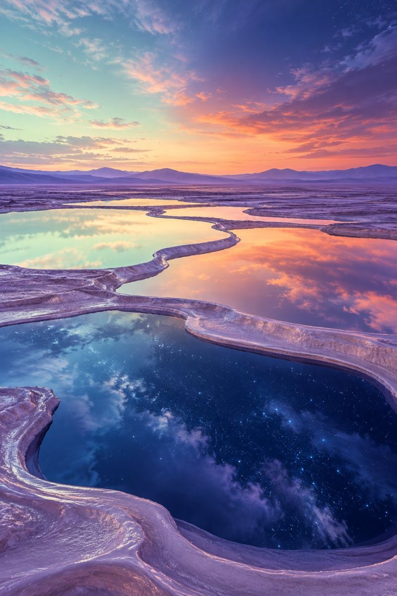 Lake water sky reflection sunset nature horizon clouds mountains desert colorful evening beauty outdoors scenery atmosphere starry Paysage serein au coucher ou au lever du soleil. Au premier plan, une grande étendue d'eau en forme de coeur reflète les couleurs du ciel. L'eau est calme et claire, avec des ondulations qui clapotent doucement sur les bords. Autour de l'eau, la terre est sèche et aride, avec une texture sablonneuse. Le ciel au-dessus est un dégradé de couleurs, passant d'un bleu profond près de l'horizon à des bleus et violets plus clairs plus haut, avec des notes d'orange et de rose. Au loin, des silhouettes de montagnes ajoutent de la profondeur à la scène. L'atmosphère générale est paisible et tranquille, le reflet de l'eau donnant à l'image une qualité de miroir