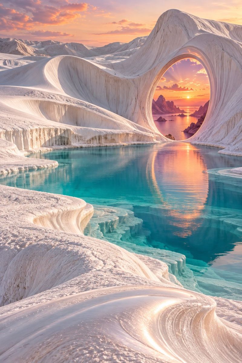 Coucher soleil eau lac sable ciel reflet plage horizon montagne mer nuage roche vague gres geologie erosion nature paysage serein avec une grande ouverture en forme de coeur dans une falaise rocheuse blanche. L'ouverture dévoile une vue imprenable sur le coucher de soleil, le soleil se couchant derrière une île lointaine, projetant une chaude lueur orange sur la scène. L'eau au premier plan est d'un bleu profond, reflétant les couleurs du ciel et des rochers environnants. Les roches sont dentelées et stratifiées, certaines parties semblant lisses et d'autres rugueuses. Le ciel est rempli de nuages, ce qui ajoute de la profondeur et de la texture à l'image. La scène générale est paisible et pittoresque, avec un sentiment de tranquillité et de beauté naturelle.