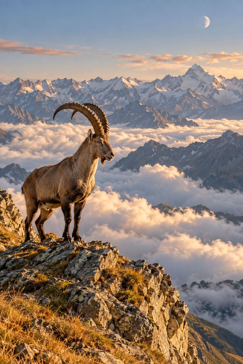Animal wildlife nature mountain goat cliff rock sky cloud horizon sunset evening moon valley grass rocky ridge fog A majestic alpine ibex stands on a rocky cliff, its horns curving gracefully. The ibex is alert, facing left, with a rugged, mountainous landscape behind it. The sky is a deep blue, with a crescent moon visible. Below the ibex, the ground is rocky and grassy, with a hint of snow on the distant mountains. The scene is set at sunset, with warm, golden light illuminating the ibex and the surrounding area.