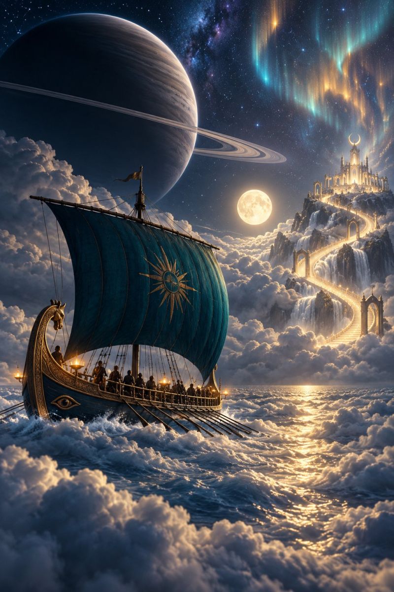 Espace navire fantaisie nuages lune planete aurore chateau eau etoiles nuit ciel voyage aventure exploration magie mythologie Au premier plan, un navire viking à la voile bleue ornée d'un emblème solaire doré glisse dans les nuages. Le navire est piloté par plusieurs personnes qui rament à la rame. Sur la droite, un grand escalier en pierre mène à un château perché sur une falaise, entouré d'une cascade. Le ciel est rempli de corps célestes, dont une grande planète avec des anneaux, une pleine lune et une aurore boréale vibrante. La scène se déroule sur fond de ciel étoilé.