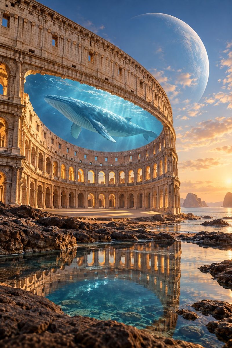 Architecture plage batiment ville classique ruines sculpture temple mur grand amphithéâtre ancien avec une structure incurvée en pierre. L'amphithéâtre a pour toile de fond une mer sereine aux eaux bleues claires. Au centre de l'amphithéâtre se trouve une grande ouverture transparente en forme de fenêtre à travers laquelle nage une baleine. La baleine semble nager dans l'eau et son reflet est visible à la surface de l'eau. Le ciel au-dessus est clair avec une grande lune rougeoyante au loin, ajoutant une touche mystique à la scène. L'atmosphère générale est paisible et surréaliste, mêlant des éléments de la nature et de l'architecture.