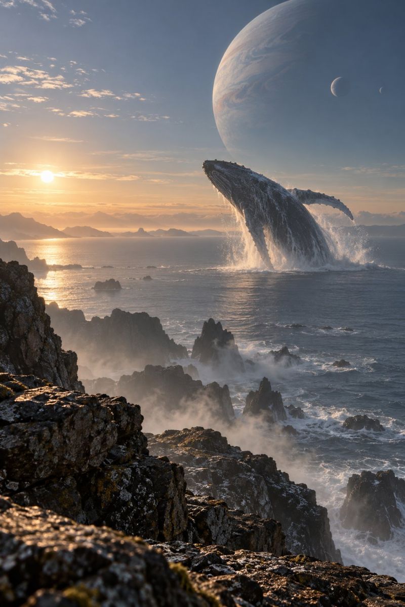 Whale ocean water sky sun rock sea mountain cloud planet sunset nature seascape horizon reflection wave rocky shoreline A humpback whale leaps out of the ocean, its body arched and fins spread wide, creating a dramatic splash. The scene is set against a back of a vast, glowing planet in the sky, accompanied by two smaller moons. The ocean is calm, with gentle waves lapping against rocky cliffs. The sky is a mix of orange and blue hues, indicating either sunrise or sunset. The foreground features rugged, moss-covered rocks, adding to the dramatic and serene atmosphere of the image.