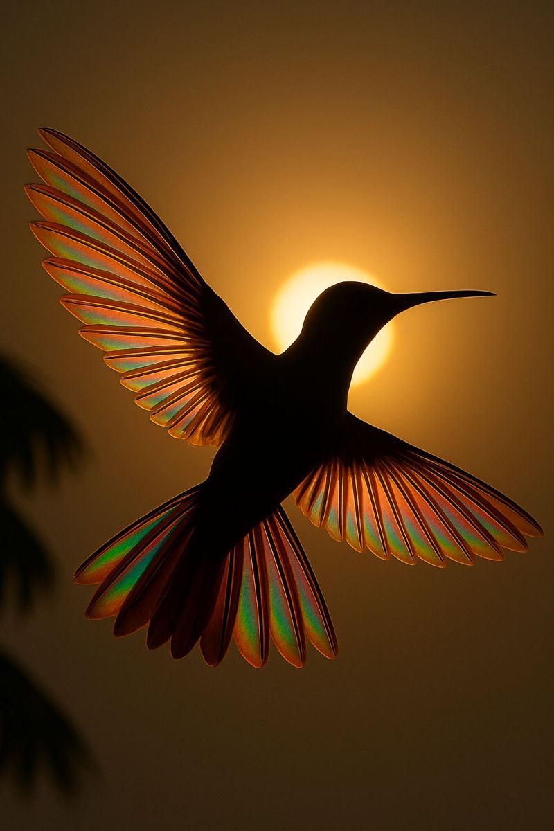 Bird hummingbird wildlife nature feathers flight sunlight outdoors animal sky wing shadow colorful ecology environment ornithology aviary biodiversity A hummingbird is captured mid-flight with its wings spread wide, creating a silhouette against the  of a setting sun. The bird's wings display a beautiful array of iridescent colors, including shades of green, blue, and purple, which shimmer as they catch the light. The sun, positioned behind the bird, is partially obscured by the wings, casting a warm, golden glow that highlights the intricate details of the feathers. The sky is a gradient of soft yellows and oranges, suggesting the time of sunset. In the lower left corner, the silhouette of a tree or bush is faintly visible, adding depth to the scene.