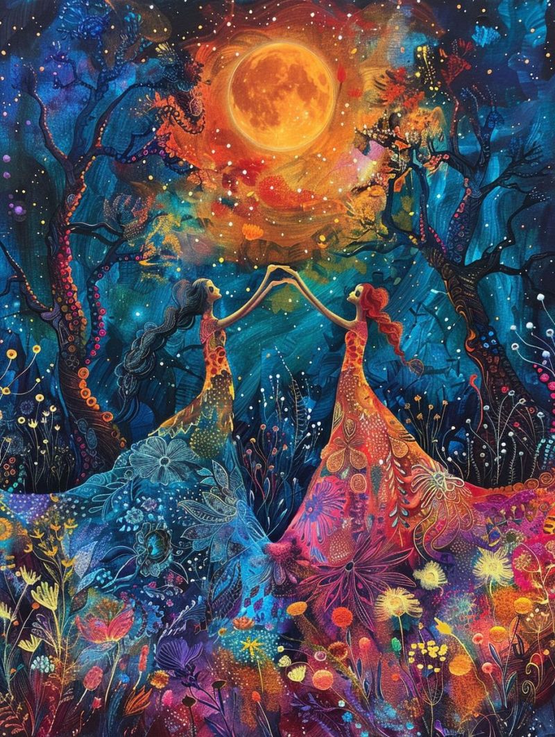 Colorful two dancing under moon stylized fantasy cosmic celestial bodies painting detailed textures surreali vibrant and colorful fantasy scene featuring two figures that appear to be engaged in an embrace or dance. The figures are surrounded by lush greenery and have long, flowing hair that suggests movement. They stand against the backdrop of a star-filled night sky with a full moon casting a bright glow on the scene. The colors used in the image are rich and saturated, creating a dreamlike and magical atmosphere. The figures are embellished with glittering details that add to the fantasy element of the artwork. They are standing on a path or roadway that is lined with various plants and flowers, contributing to the overall enchantment of the scene. The setting appears to be outdoors at night, given the darkness surrounding the area except for the illumination of the moon and stars. The style of the artwork suggests it could be an illustration or painting inspired by fantasy art genres, such as fairy tales or magical realism. The use of bright colors and exaggerated features contributes to a whimsical and imaginative feel.