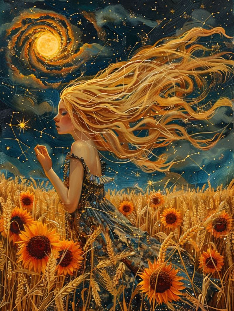 Fantaisie femme cheveux feminin ciel nocturne etoiles champ tournesols rural surrealist Scène fantastique représentant une jeune fille aux cheveux blonds longs. Elle se tient debout dans un champ de blé, dont les rages arrivent jusqu'aux genoux, et regarde vers l'horizon où le soleil se couchera. Son attire est composé d'une robe bleue avec des motifs floraux et qui semble être faite à partir du tissu ou de la papier. Au-dessus de la tête de la fille, on voit des étoiles visiblees contre un ciel sombre, ce qui suggère qu'il pourrait être une nuit. À sa gauche, il y a des fleurs d'oraison hautes avec de grandes pétales jaunes. L'ambiance de l'image est calme et rêveuse, renforcée par la lumière douce qui semble émaner du soleil qui se couche. Le visage de la fille est pensif et paisible, car elle tient une petite fleur dans sa main. Il n'y a pas de texte visible sur l'image. Le style de la peinture suggère qu'il pourrait s'agir d'une oeuvre d'art fantasy ou d'une illustration numérique.