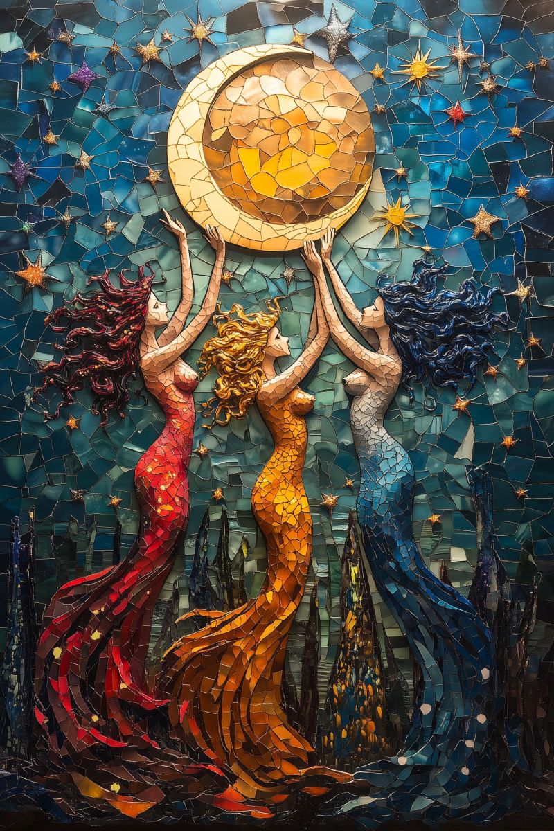 Verre tachete moderne oeuvre celeste femmes tenant lune culturel pieces carrees abstraites murale main detanchee tissus mosaiques travaux inspi L'image présente une mosaïque de verre colorée et vif représentant trois figures. À gauche, se trouve un personnage avec des cheveux foncés, vêtu de bleu et rouge, tenant ce qui ressemble à un globe ou un sphère. Au centre, un autre personnage aux cheveux longs est montré tenir un globe jaune, portant également des vêtements de bleu et de rouge. À droite, un troisième personnage aux cheveux longs est représenté dans une tenue orange et rouge, tenant un globe d'argent. Les figures sont entourées de formes géométriques abstraites et de motifs en rotation qui ressemblent à un mouvement ou à une énergie. Au-dessus d'eux se trouve un motif circulaire avec une étoile au centre, suggérant un thème céleste. Le style de l'oeuvre suggère qu'il pourrait représenter des corps célestes ou des planètes, comme le suggère les globes tenus par chaque figure. Le fond est sombre et rempli de petites étoiles brillantes, ce qui renforce l'impression cosmique du morceau. L'impression générale est une de spiritualité, possiblement associée à un âge nouveau ou à un style hippie, en raison de l'utilisation de couleurs vives et de la nature mystérieuse de l'imaginaire.
