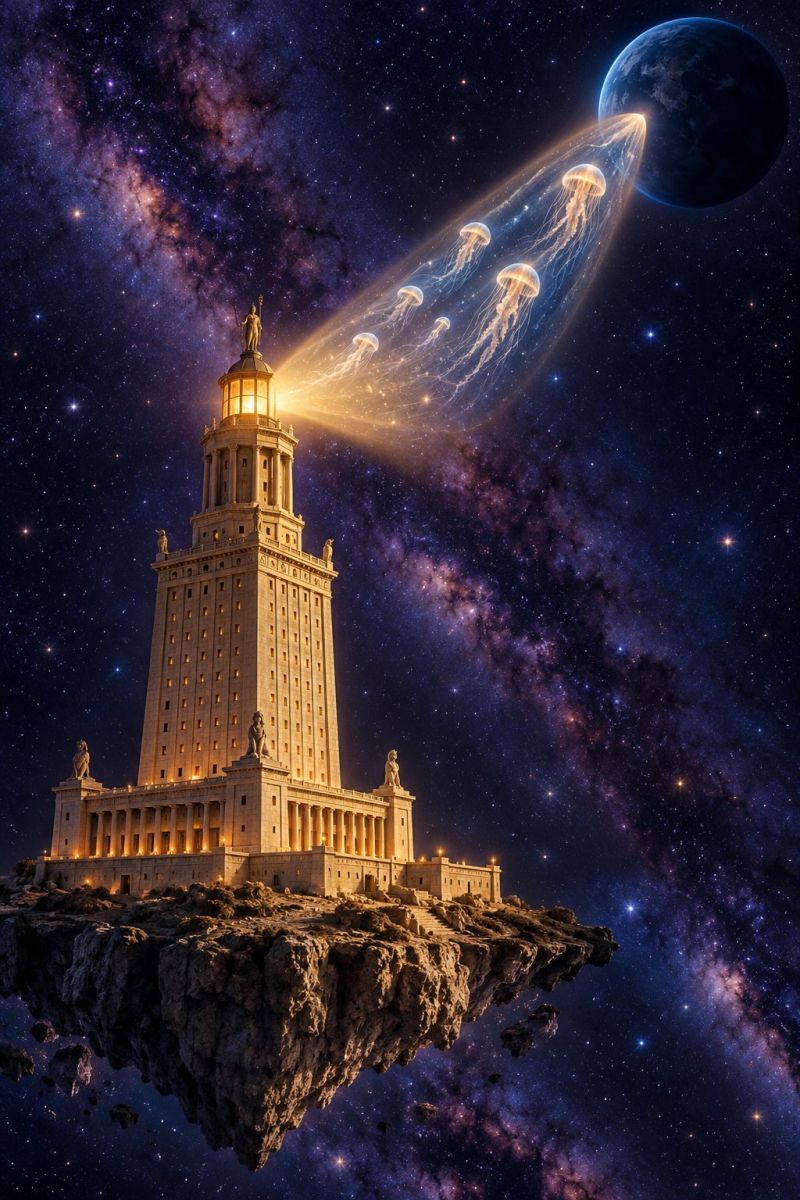 Tower lighthouse building architecture sky night space universe stars planet moon galaxy cosmos astronomy celestial outer grand, ancient-looking tower standing on a floating rock in the vast expanse of space. The tower is illuminated from within, casting a warm glow that contrasts with the dark, starry sky. At the top of the tower, a statue holds a glowing orb, emitting a bright light that forms a beam extending towards the right. This beam is filled with floating jellyfish, adding a surreal touch to the scene. The background features a galaxy with swirling stars and nebulae, and in the distance, a large planet is visible, adding to the cosmic setting.