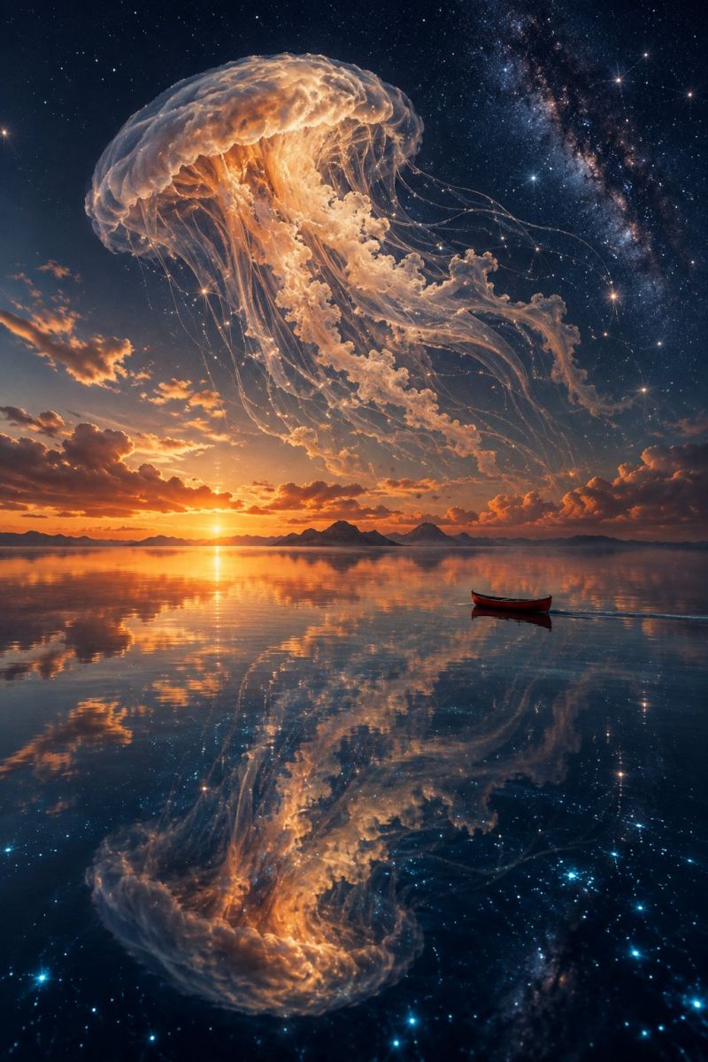 Canoe rouge meduse celeste image picture A surreal scene features a giant jellyfish floating in the sky above a calm sea. The jellyfish has a large, translucent body with long, flowing tentacles. The sky is a deep blue, dotted with stars and a faint Milky Way. The sun is setting on the horizon, casting warm, golden light across the water and sky. A small red boat is sailing on the water, reflecting the colors of the sunset and the jellyfish. The water is perfectly still, mirroring the sky and the jellyfish.