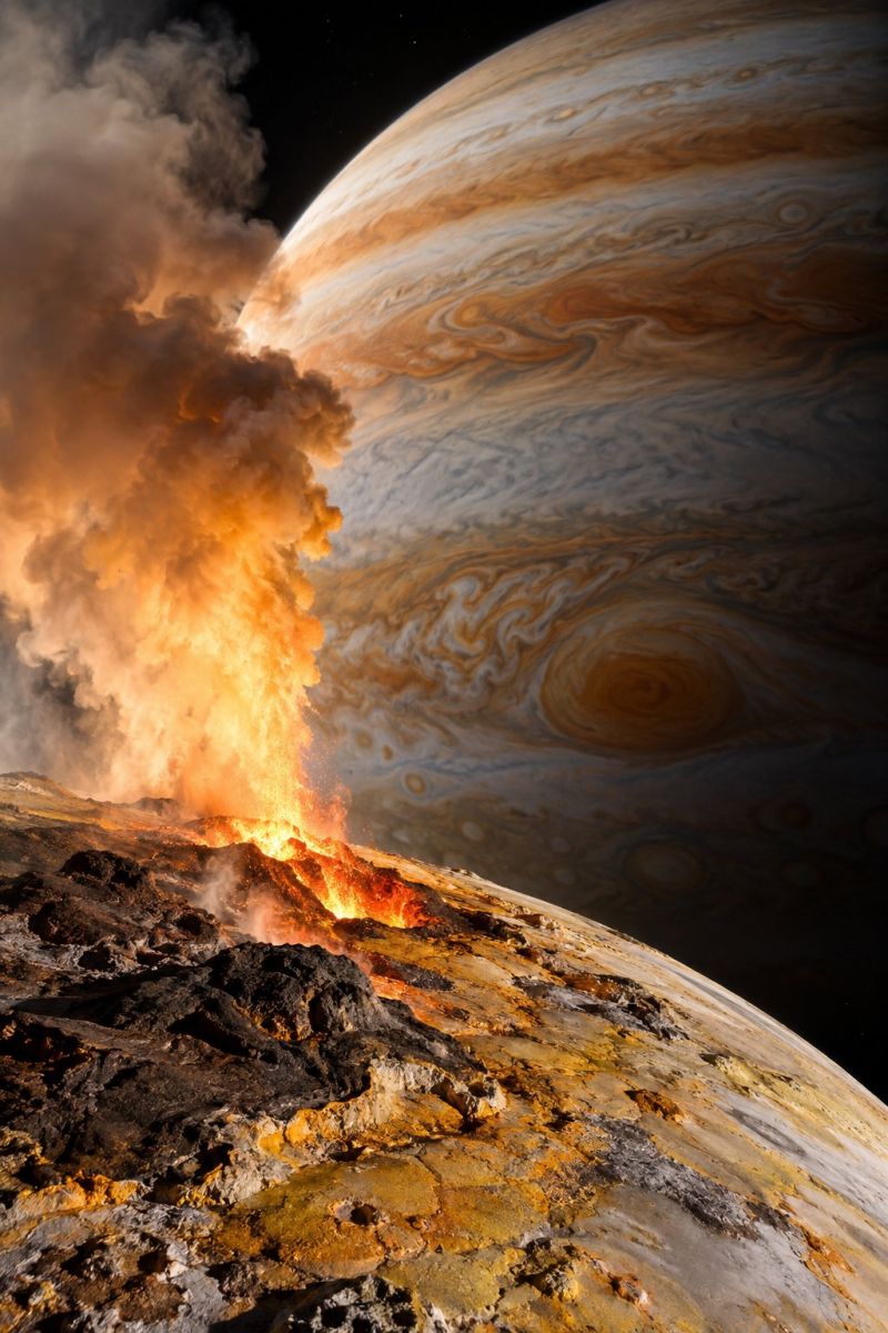 Planet space fire smoke volcano lava rock earth explosion gas ash cloud atmosphere meteor meteorite asteroid comet star galaxy universe dramatic scene of a volcanic eruption on a rocky surface, with a fiery orange and yellow glow illuminating the area. The eruption emits thick, dark smoke that rises into the sky. In the background, a large, swirling planet with a mix of orange, brown, and white hues dominates the scene, likely representing Jupiter. The planet's atmosphere is filled with swirling clouds and bands, showcasing its dynamic weather patterns. The foreground is dominated by the rugged, rocky terrain of the volcanic eruption, with various shades of orange, yellow, and black. The overall atmosphere is intense and fiery, with the volcanic activity contrasting sharply with the serene, swirling patterns of the distant planet.