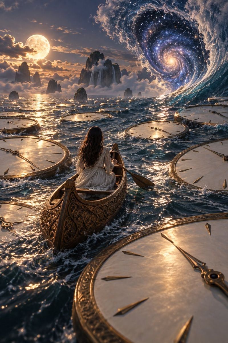 Boat water ocean waves clock sky moon sun clouds mountains rocks waterfall galaxy stars space universe fantasy imagination painting In a surreal scene, a woman sits in a beautifully detailed wooden boat, paddling through a vast ocean. The ocean is filled with floating clocks, their faces reflecting the light of the moon and stars above. The sky is a mix of orange and blue hues, with a full moon shining brightly. Behind the woman, a massive wave rises, merging with a swirling galaxy. In the distance, a waterfall cascades down rocky cliffs, adding to the fantastical atmosphere.