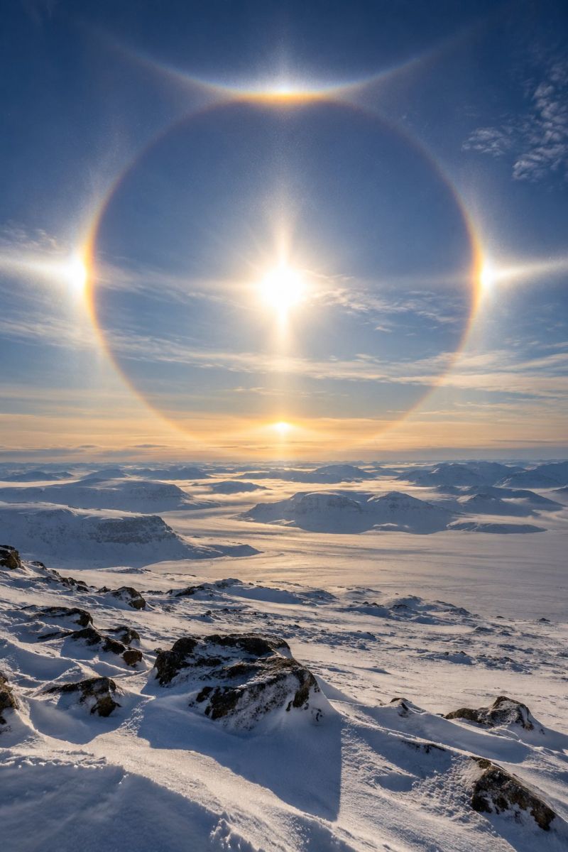 Halo diamante soleil hivernal image photographie magnifique prise précise montrant les méfaits sauvage des activités humaines sur la biodiversité sur la halo diamante soleil hivernal