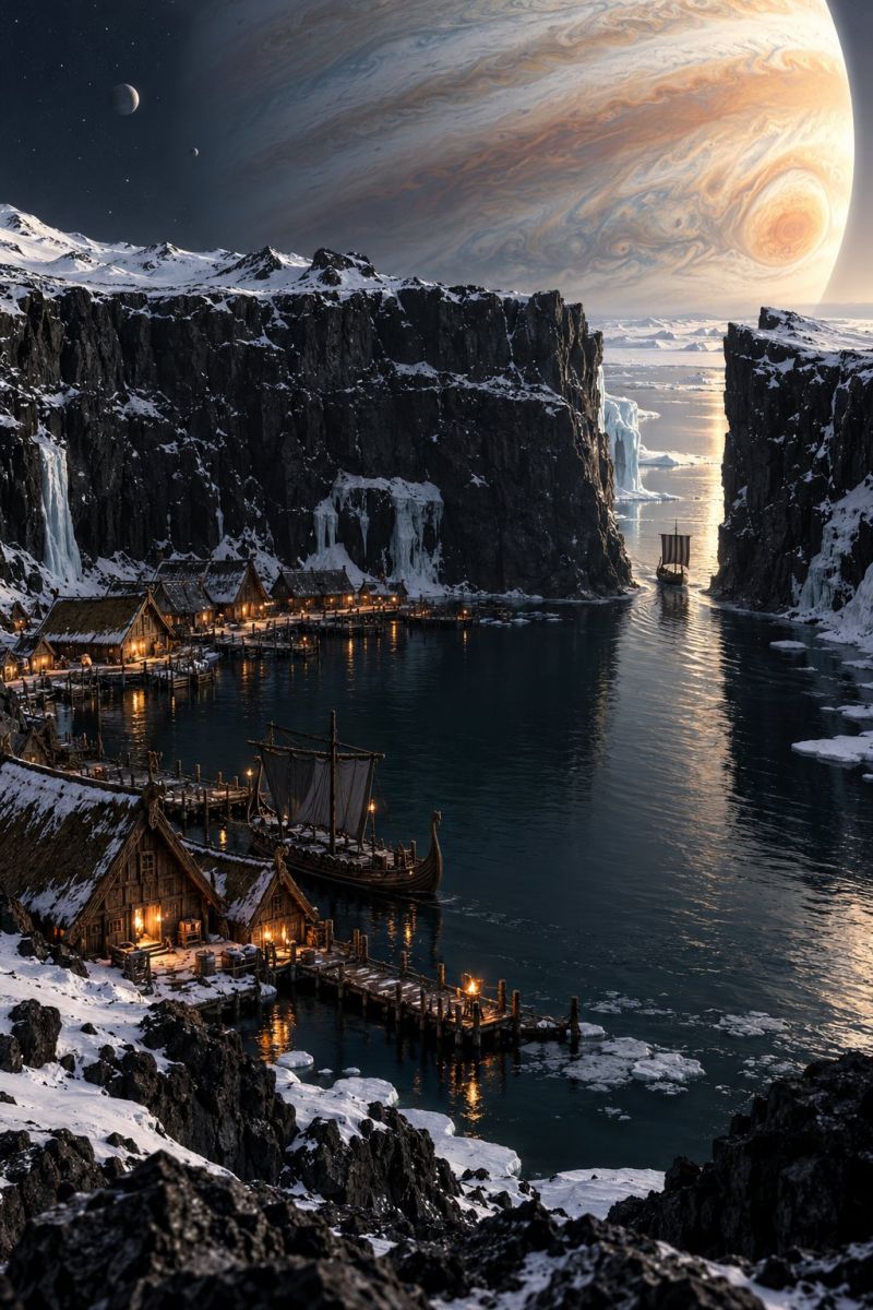 Space planet night sky astronomy universe star cosmos galaxy nebula celestial starry outer serene and dramatic landscape under a night sky. In the foreground, there are several small, rustic wooden houses with thatched roofs, nestled among rocky cliffs. Some of these houses have warm, glowing lights emanating from inside, suggesting they are inhabited. A small dock extends into the water, where a boat is moored. The water is calm and reflects the lights from the houses and boats. In the background, there is a large, icy cliff face with snow and ice clinging to it. Above the landscape, the planet Jupiter is prominently displayed, with its distinctive swirling clouds and bands of color. The sky is dark, with a few stars visible, and there is a small moon in the distance.